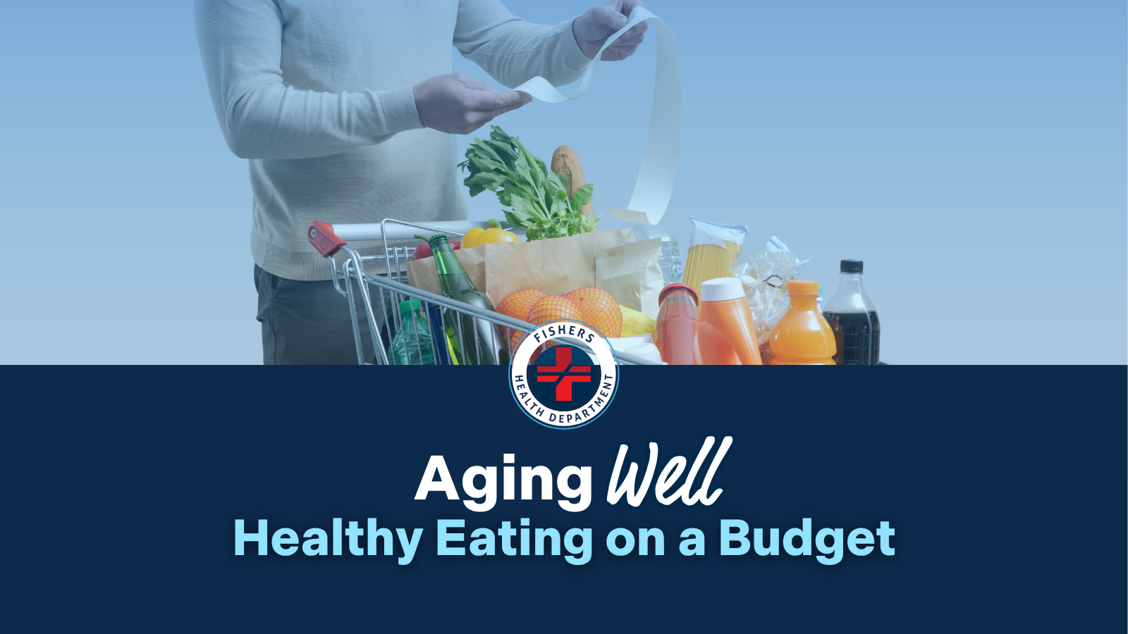 Person pushing a grocery cart full of produce and groceries; overlay text reads 'Aging Well Healthy Eating on a Budget' with the Fishers Health Department logo.