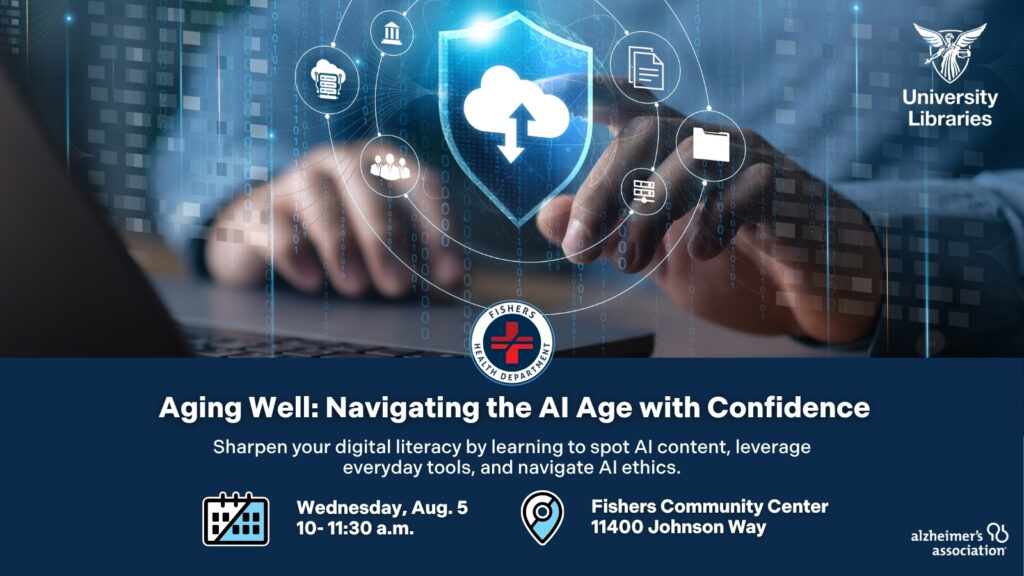 Event banner for 'Aging Well: Navigating the AI Age with Confidence' showing hands on a laptop with AI-themed icons and logos (Fisher's Health Department, University Libraries, Alzheimer's Association).