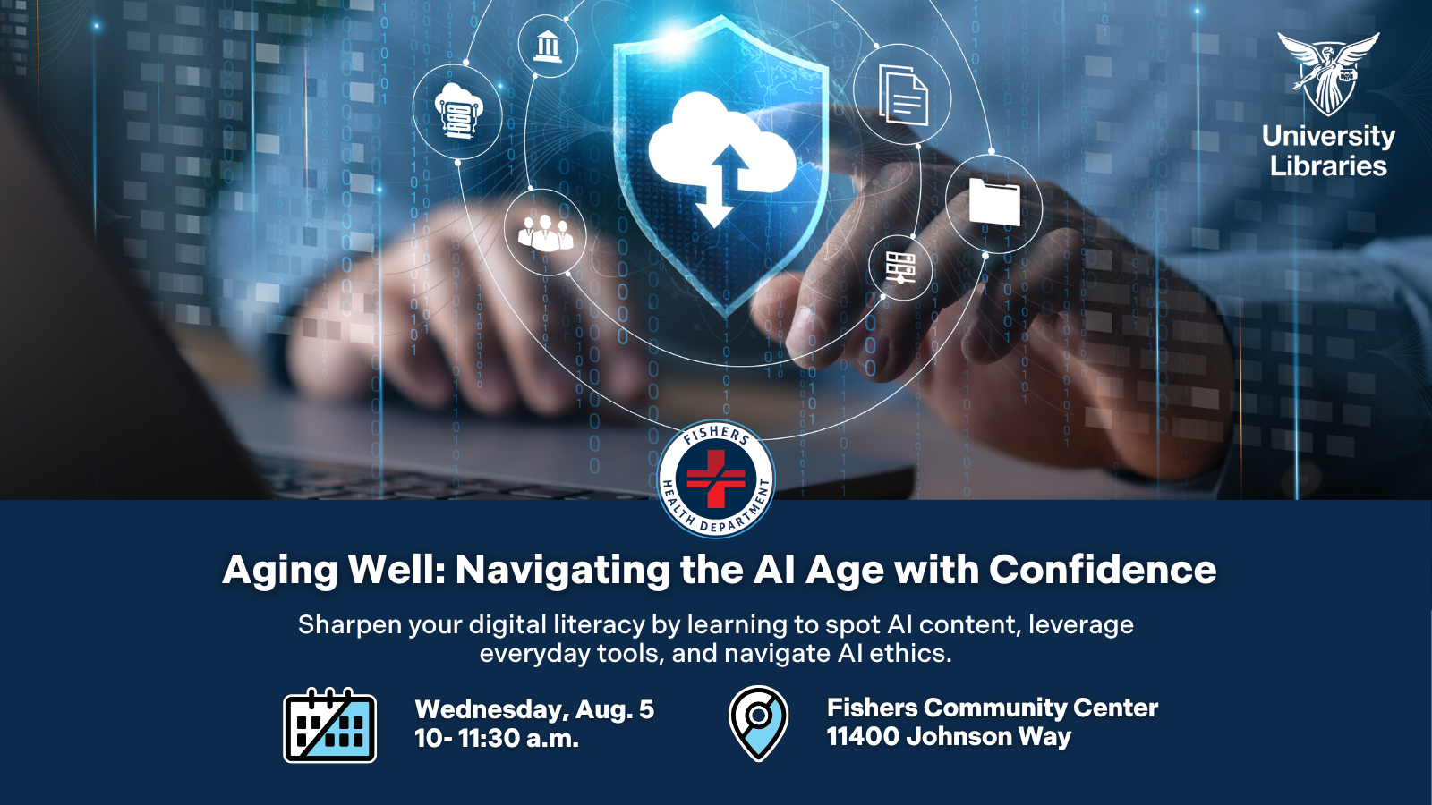 Event banner for 'Aging Well: Navigating the AI Age with Confidence' showing hands on a laptop with AI-themed icons and logos (Fisher's Health Department, University Libraries, Alzheimer's Association).