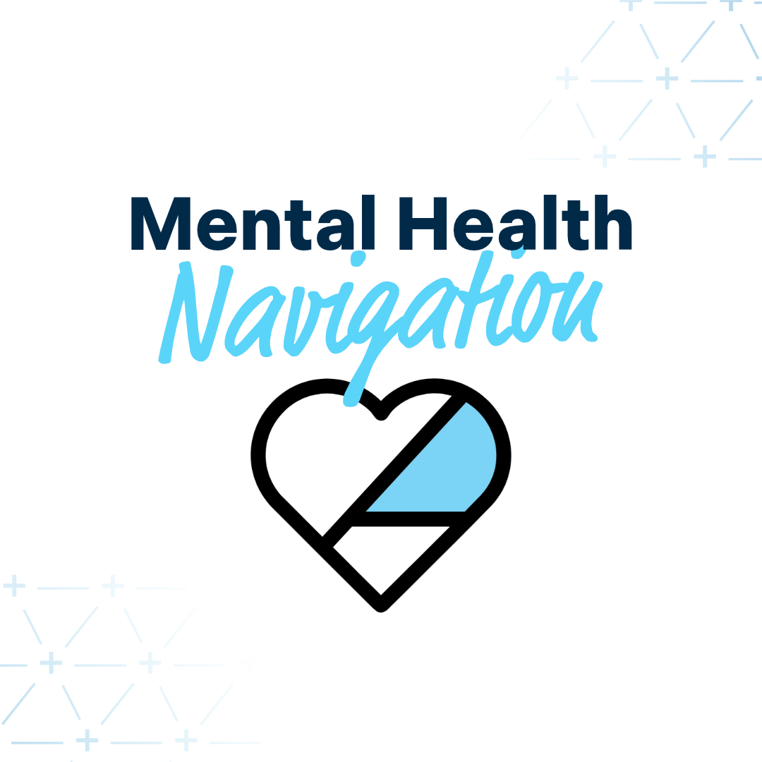 Logo for 'Mental Health Navigator' with bold dark text, blue script 'Navigator' and a stylized heart icon.