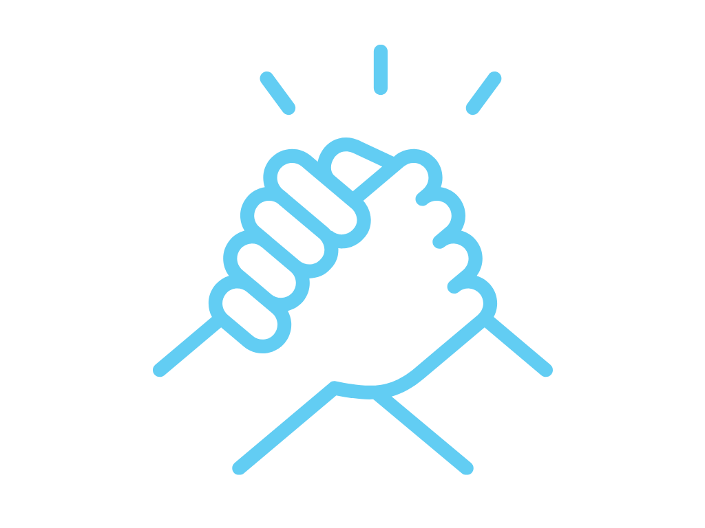 Blue line-art icon of two hands clasped in a handshake, signaling agreement or collaboration.