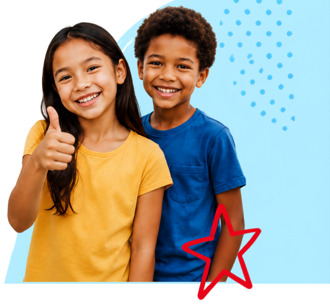 Two smiling children stand side by side; the girl in a yellow shirt gives a thumbs up on a bright blue background with a red star outline nearby.