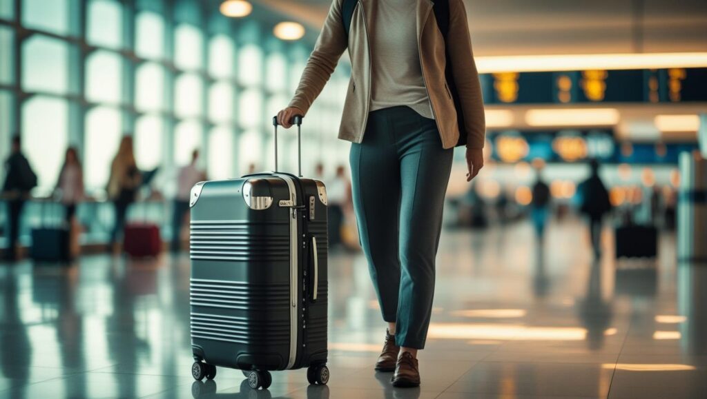 traveler carrying a suitcase in airport